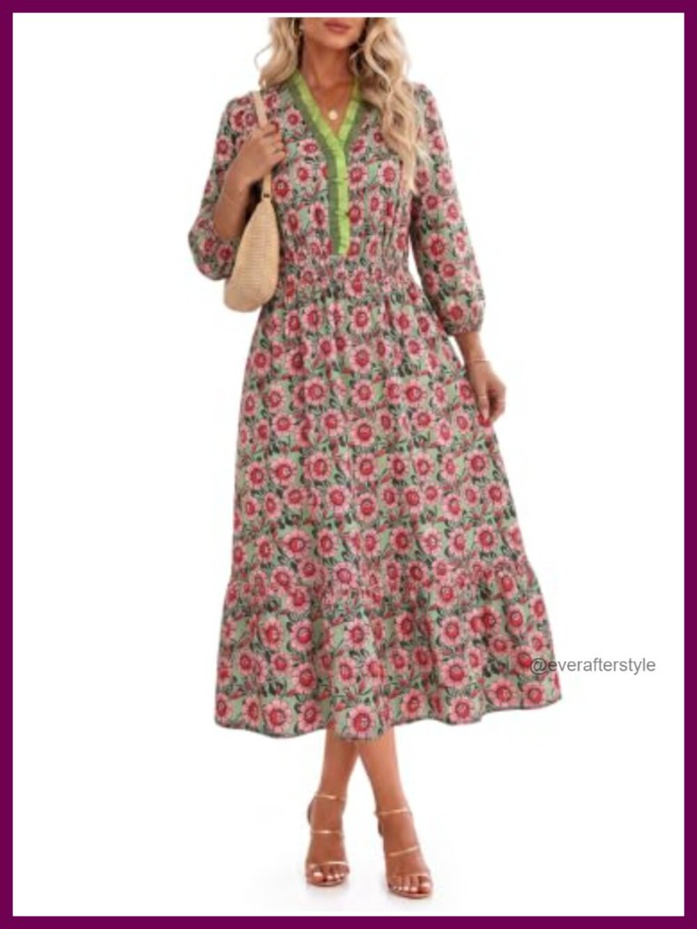 Women's Long Sleeve Midi Dress Flowy V Neck Boho Floral Tiered Casual